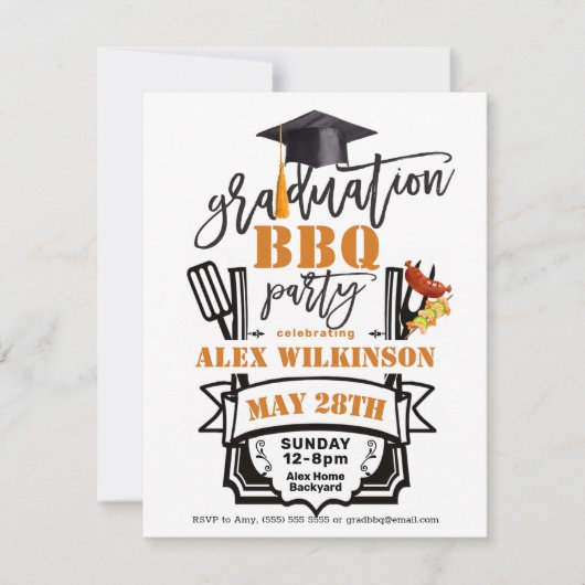 Modern Zwart Leuk Script Afstuderen BBQ Party Kaart (Voorkant)