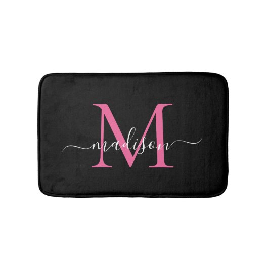 Modern zwart magenta roze monogram script elegant badmat (Voorkant)
