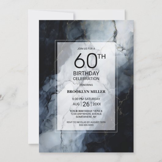 Modern Zwart Marmer 60e Verjaardagsfeestje Kaart (Voorkant)