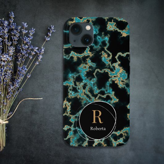 Modern zwart marmer Custom Name Monogram Case-Mate iPhone Case