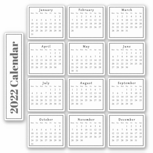 Modern Zwart Mini 2022 Planner Kalenders Sticker (Voorkant)