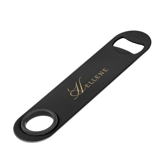 Modern Zwart minimaal & Goud Script Monogram Speed Flessenopener (Voorkant Gekanteld)