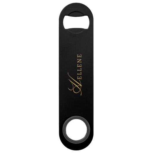 Modern Zwart minimaal & Goud Script Monogram Speed Flessenopener (Achterkant)