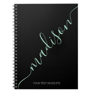 Modern zwart Mint Green Handgeschreven Naam Monogr Notitieboek
