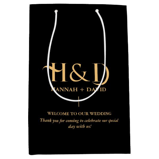 Modern zwart monogram bruiloft welkom gast medium cadeauzakje (Voorkant)