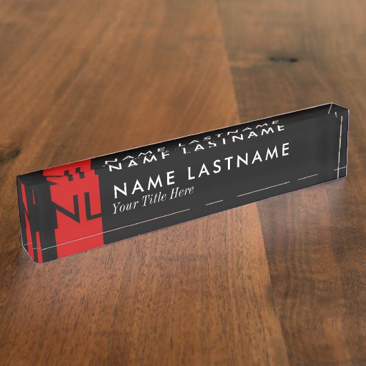 Modern zwart monogram rood bureau naambord (Zijkant)