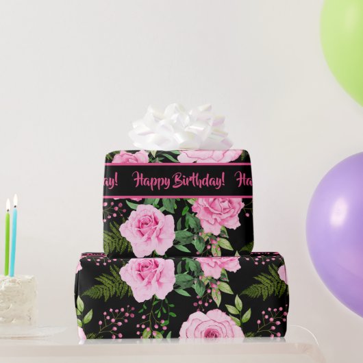 Modern zwart mooi roze rozen patroon cadeaupapier (Feestgeschenken)