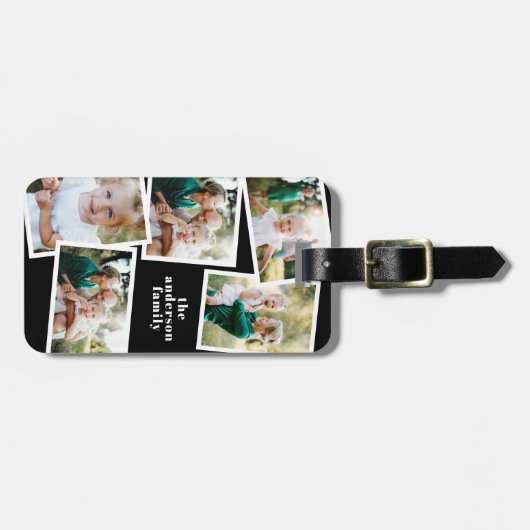 Modern zwart multi foto familie elegant cadeau bagagelabel (Voorkant horizontaal)