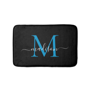 Modern zwart oceaan blauw monogram script elegant badmat