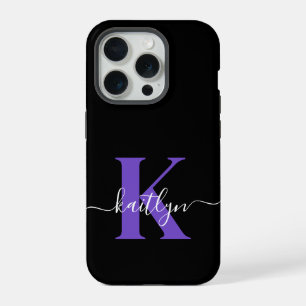 Modern zwart-Paarse scriptmonogram iPhone 15 Pro Hoesje