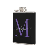 Modern zwart Paarse Violet Monogram Script Naam Heupfles (Links)