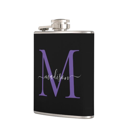 Modern zwart Paarse Violet Monogram Script Naam Heupfles (Links)