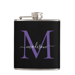 Modern zwart Paarse Violet Monogram Script Naam Heupfles