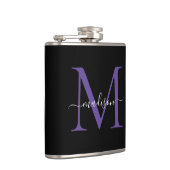 Modern zwart Paarse Violet Monogram Script Naam Heupfles (Rechts)