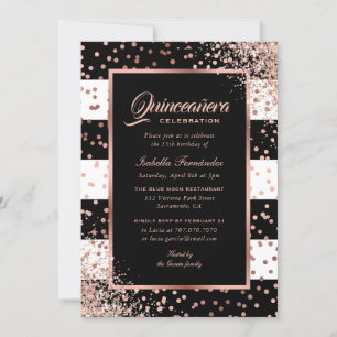 Modern Zwart Roos Gouden Confetti Quinceañera Kaart