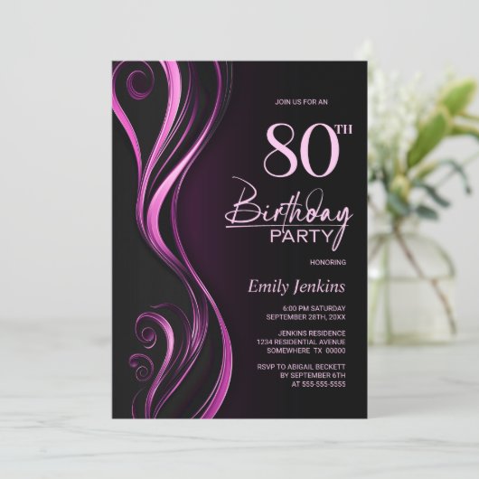 Modern Zwart Roze 80ste Verjaardagsfeest Kaart (Staand voorkant)