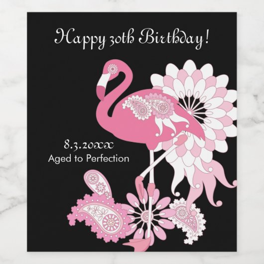 Modern Zwart Roze Flamingo Verjaardag Wijn Etiket (Enkel label)