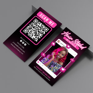 Modern Zwart & Roze Instagram Haarstylist QR Code Visitekaartje