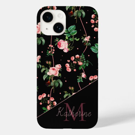 Modern zwart roze monogram met bloemen Case-Mate iPhone case (Achterkant)