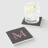 Modern Zwart Roze Monogram Vrouwelijk Script Naam Stenen Onderzetter (Zijkant)