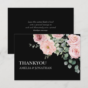 Modern Zwart & Roze waterverf Bloemen Huwelijk Bedankkaart