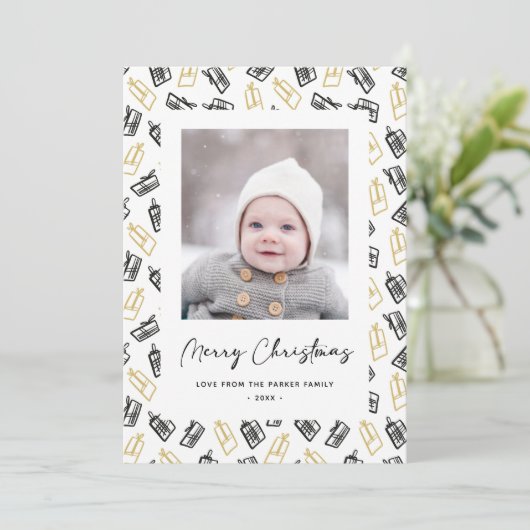 Modern zwart Script Cute Gold Black Giften Pattern Feestdagenkaart (Staand voorkant)