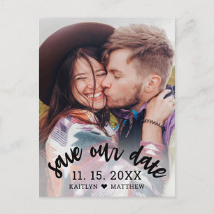 Modern Zwart Script Foto Bruiloft Save Our Date Aankondigingskaart