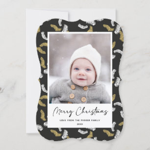 Modern zwart script Gold Pine Mistletoe Kerstmis Feestdagenkaart