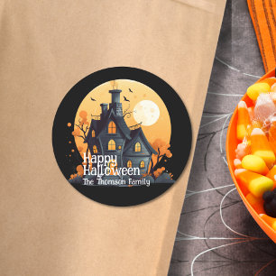 Modern zwart Sinaasappel spookhuis Happy Halloween Ronde Sticker