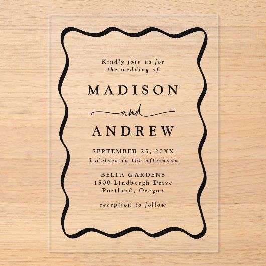 Modern Zwart Wavy Lijst bruiloft Acryl Uitnodigingen (Voorkant)