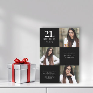 Modern zwart-wit 3 foto 21e verjaardag kaart