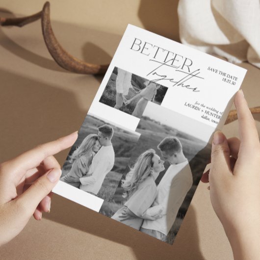 Modern zwart-wit 3 foto typografie bruiloft save the date