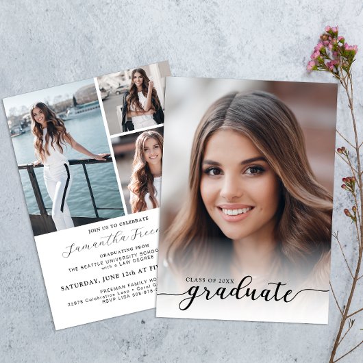 Modern zwart-wit 4-foto afstudeerfeest kaart