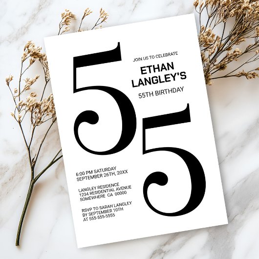 Modern zwart-wit 55ste verjaardagsfeest kaart