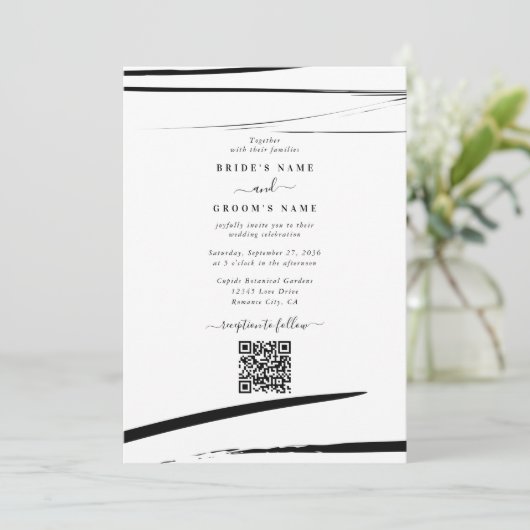 Modern Zwart Wit Abstract QR Code Wedding Kaart (Staand voorkant)