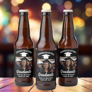 Modern zwart wit Afstuderen foto afstudeerfeest Bier Etiket