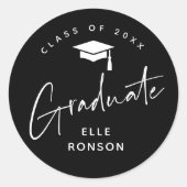 Modern zwart-wit Afstuderen retouradres Ronde Sticker (Voorkant)