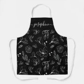 Modern Zwart Wit Bloemen lineart gepersonaliseerd Schort (Voorkant)