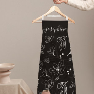 Modern Zwart Wit Bloemen lineart gepersonaliseerd Schort