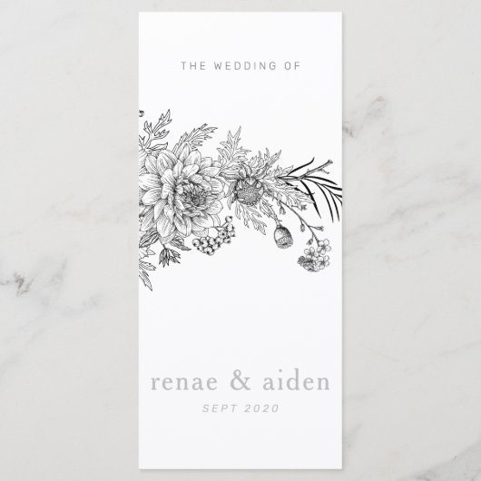 Modern zwart-wit bloemenbruiloft menu (Achterkant)