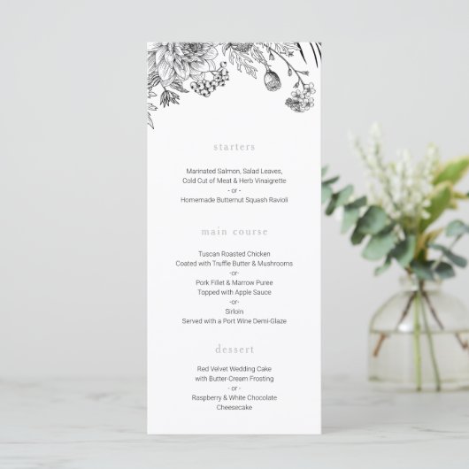 Modern zwart-wit bloemenbruiloft menu (Staand voorkant)