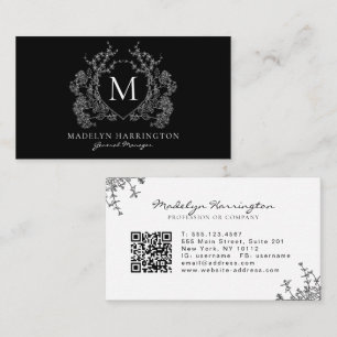 Modern zwart wit bloemenkam monogram QR-code Visitekaartje