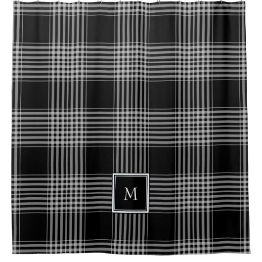 Modern zwart wit buffel geruite patroon monogram douchegordijn (Voorkant)