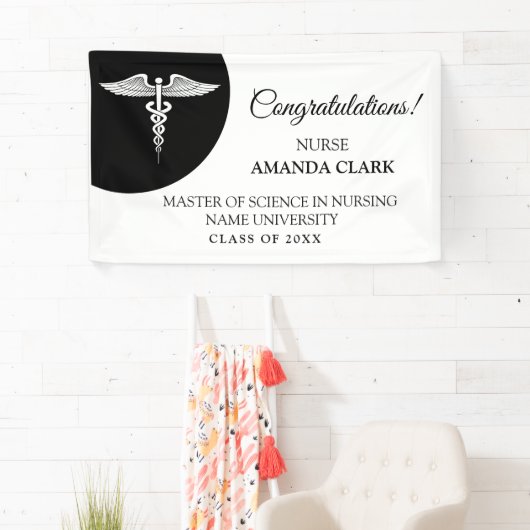 Modern zwart-wit Caduceus Nursing Afstuderen Spandoek (Insitu)