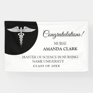 Modern zwart-wit Caduceus Nursing Afstuderen Spandoek
