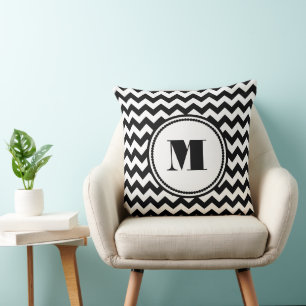 Modern zwart-wit chevron monogram kussen