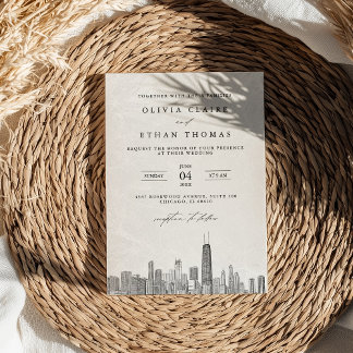 Modern zwart-wit Chicago Skyline Wedding Kaart