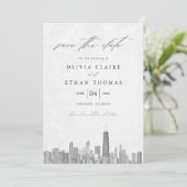Modern zwart-wit Chicago Skyline Wedding Save The Date (Staand voorkant)