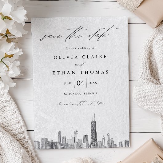 Modern zwart-wit Chicago Skyline Wedding Save The Date