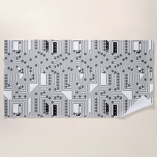 Modern zwart-wit computercircuitpatroon strandlaken (Voorkant)